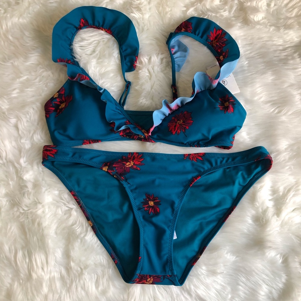 Volcom Good to Grow L/XL Teal Floral Ruffle Bikini